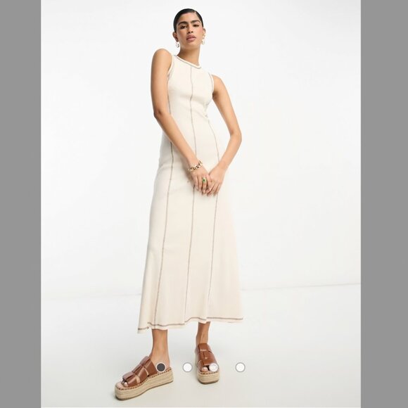 ASOS DESIGN sleeveless maxi dress ribbed contrast stitch in cream XS (US 0) - Picture 1 of 4